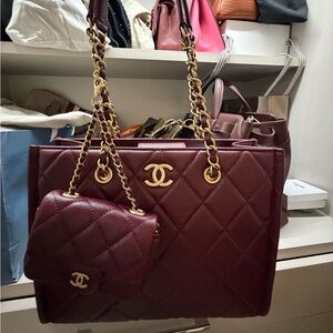 & Other Stories Deep Red Quilted Shoulder Bag with Gold Accents